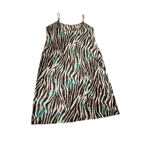 Natori Satin Slip Dress Chemise Midi Zebra Brown Earth Tones Teal XL EUC - Picture 2 of 9